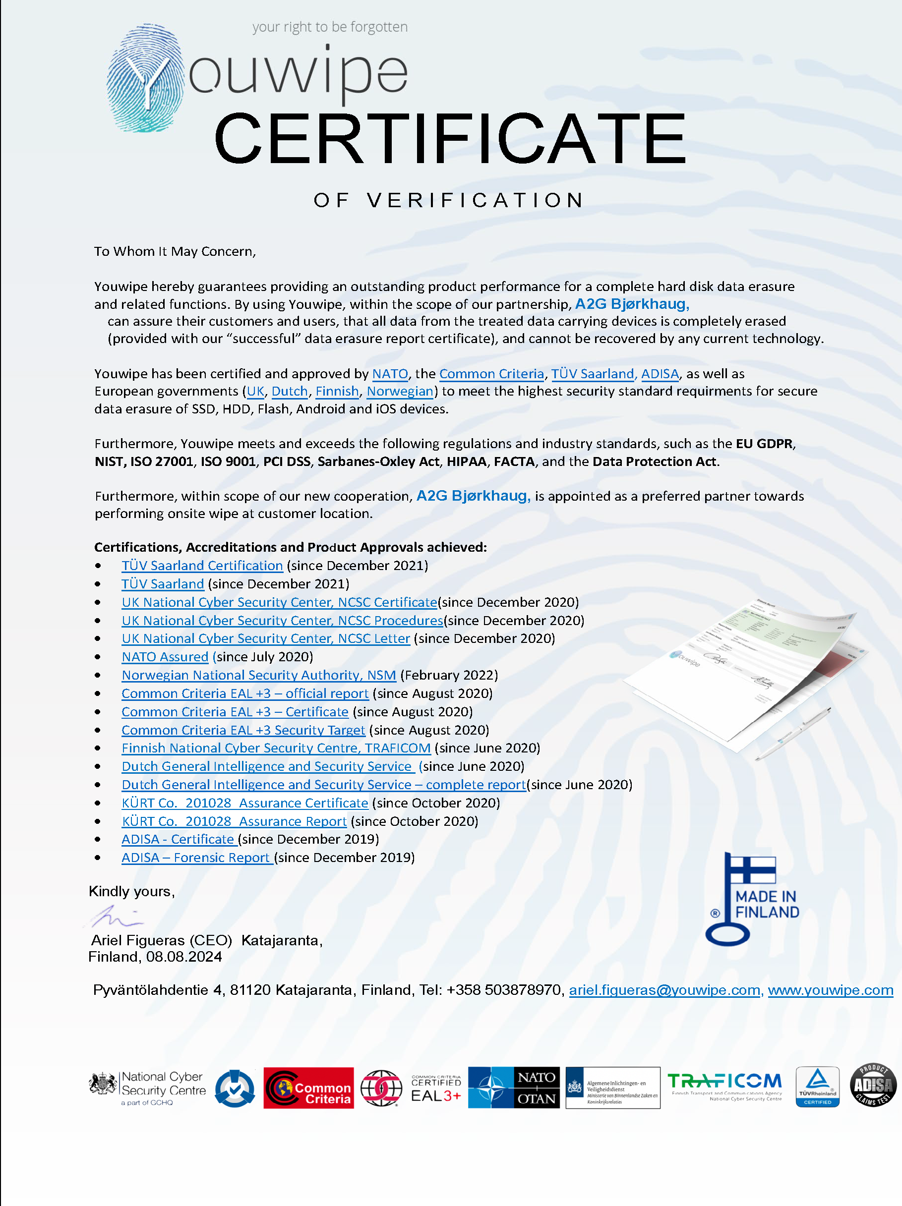 YouWipe sertifikat